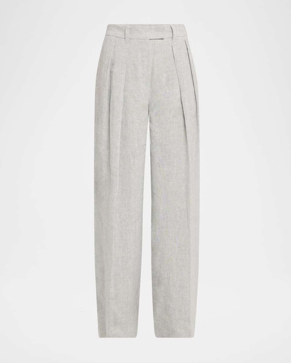 Sparkling Linen Canvas Pleated Wide-Leg Trousers